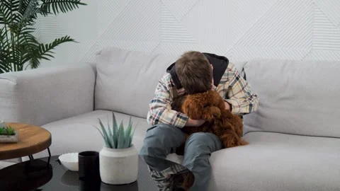 A boy sitting on the couch hugs his friend brown that poodle Stock Footage 272924074