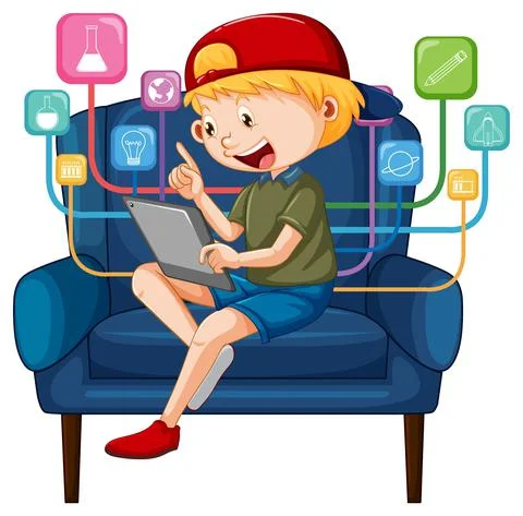 Boy sitting on couch learning from tablet Stock Illustration