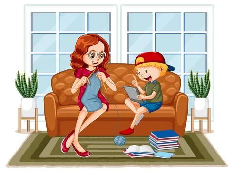 Boy sitting on couch learning from tablet with his mother Stock Illustration