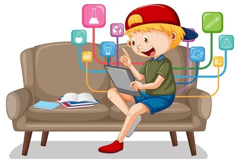 Boy sitting on couch learning from tablet Stock Illustration