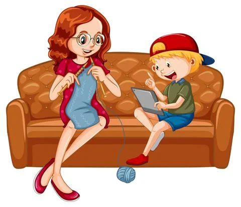 Boy sitting on couch learning from tablet with his mother Stock Illustration