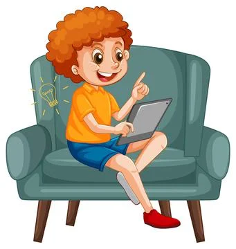 Boy sitting on couch learning from tablet Stock Illustration