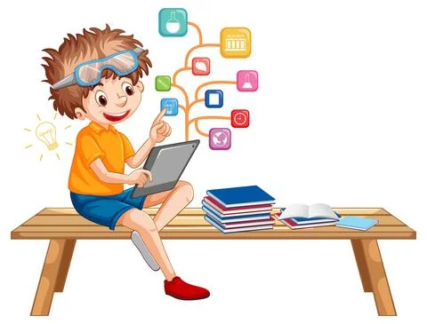 Boy sitting on couch learning from tablet Stock Illustration