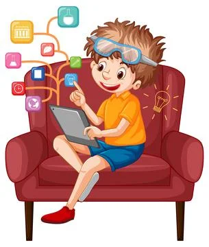 Boy sitting on couch learning from tablet Stock Illustration