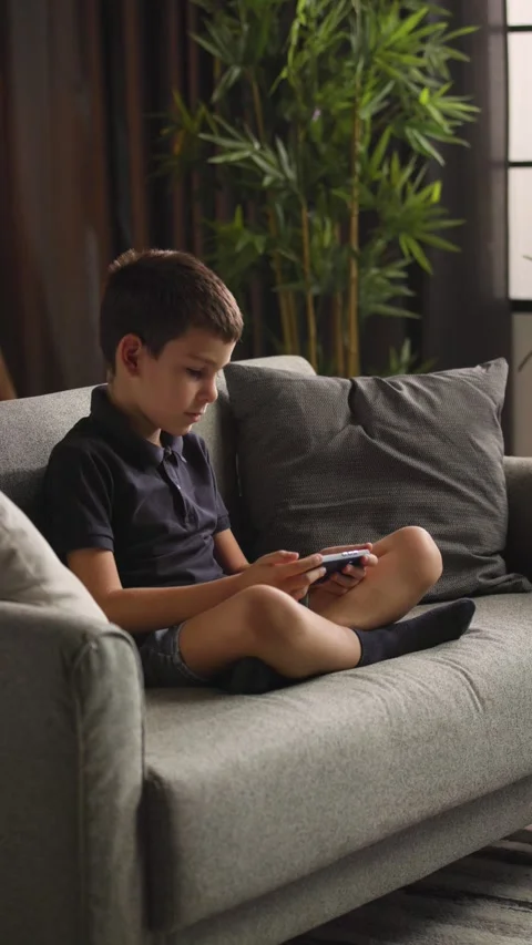 Boy Sitting Cross Legged on Sofa Using Smartphone 動画素材 344146608