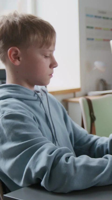 Boy Sitting at Desk and Completing his Assignment in Class Stock Footage 317637568