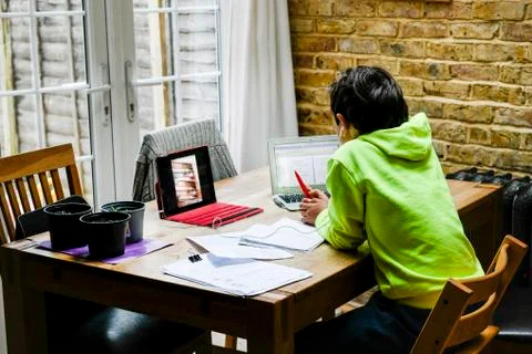 A boy sitting at a desk using a laptop for an interactive learning session, home Stock Photos