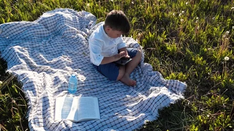 The boy is sitting in a field with a tablet in his hands. The child will scroll Stock Footage 156035802
