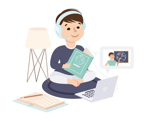 Boy Sitting on Floor and Read Textbook, Kid Desk Studying Online Using Computer 스톡 일러스트