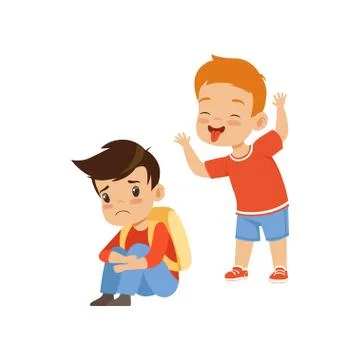 Boy sitting on the floor, classmate mocking him, bad behavior, conflict between Stock Illustration