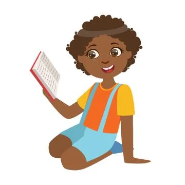 Boy Sitting On The Floor Reading A Book, Part Of Kids Loving To Read Vector Stock Illustration