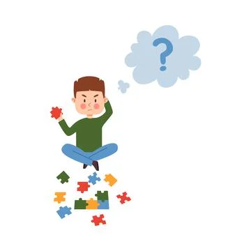 Boy is sitting on floor scratching his head and solving puzzle of colored parts Stock Illustration