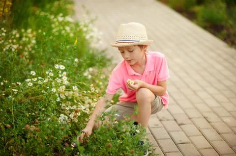 Boy sitting in the flowers in the spring Stock Photos