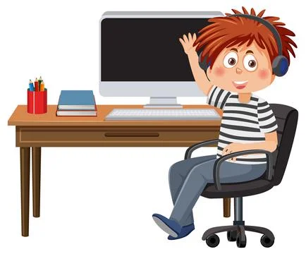 A boy sitting in front of computer 스톡 일러스트