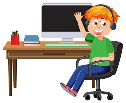 A boy sitting in front of computer Stock Illustration