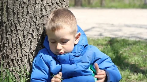 Boy is sitting on grass near tree and waving on the camera. Video stock 106808167
