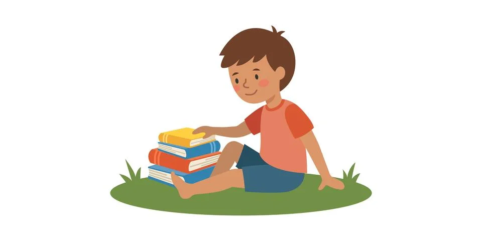 Boy sitting on grass with stack of books Stock Illustration