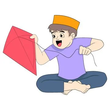 Boy is sitting happily making kites in spare time Stock Illustration