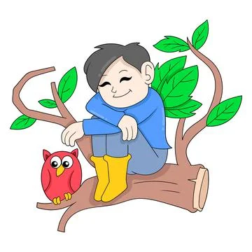 Boy is sitting happy face on a tree trunk, doodle icon image kawaii Illustrazione stock