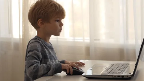 The boy is sitting at a laptop against the window Stock Footage 99083309