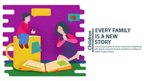 A boy is sitting on a large mug next to a mother and a parent on their knees Stock Illustration