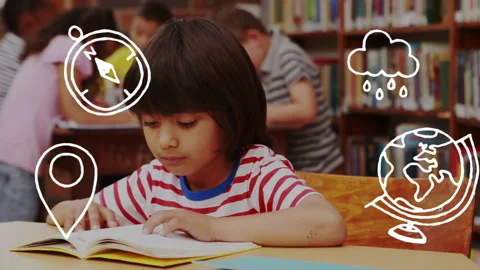 Boy sitting library reading book, turning pages causing compass pin cloud globe Stock Footage 316191287