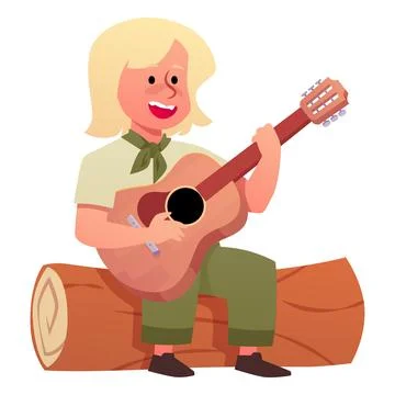 Boy sitting on a log and playing the acoustic guitar, vector cartoon summer kids Ilustração Stock