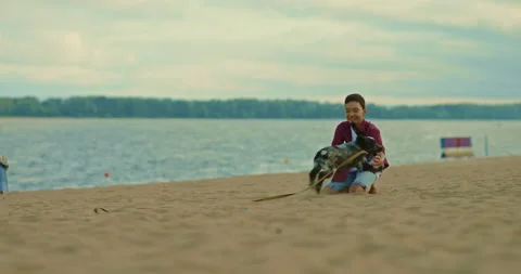Boy is sitting on a sandy beach, a dog is running towards him. Loyal friends Stock Footage 201947390