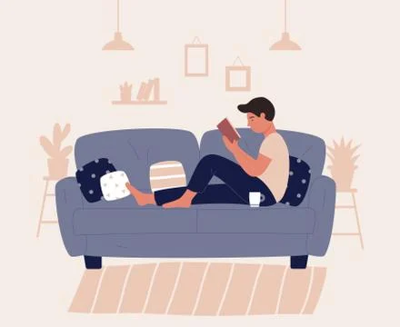 Boy sitting on sofa or couch ond read book. Relax concept character flat vector Stock Illustration
