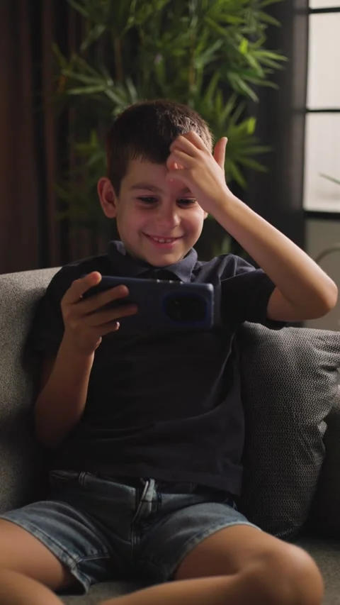 Boy Sitting on Sofa Playing Mobile Game on Phone Stock-Footage 344146182