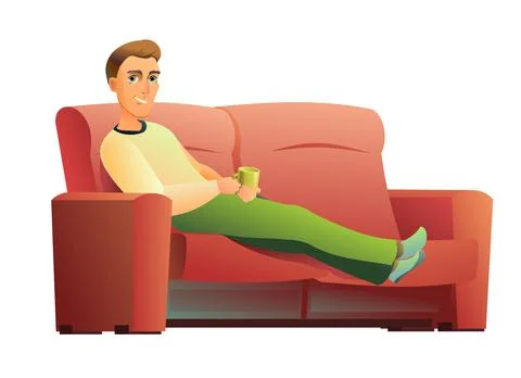 Boy is sitting on sofa. Resting Guy in sweater and pants. Cheerful person cha 스톡 일러스트