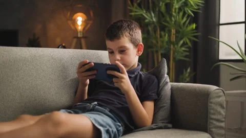 Boy Sitting on Sofa Using Smartphone with Camera Panning Video stock 344146352