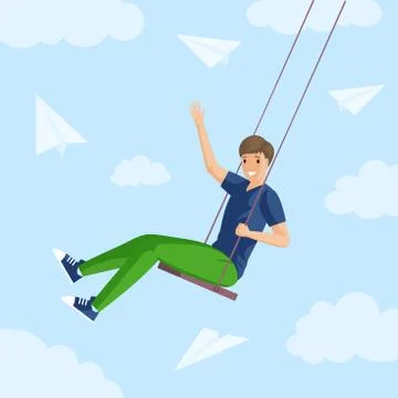 Boy sitting on a swing among the sky, clouds and paper planes flat illustration Stock Illustration