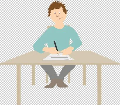 Boy sitting at table and writing on a sheet of paper Stock Illustration