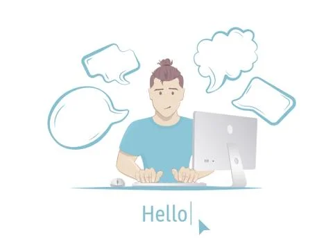 Boy sitting at table with computer. Isolated on a white background Stock Illustration