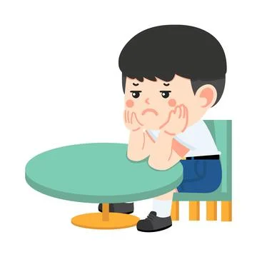 Boy sitting at a table with his hand on his chin Stock Illustration