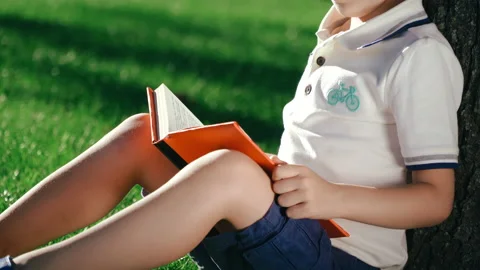 A boy is sitting under a big tree on the green grass and reading a book. Video stock 136637592
