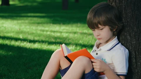 A boy is sitting under a big tree on the green grass and reading a book. Video stock 136639585