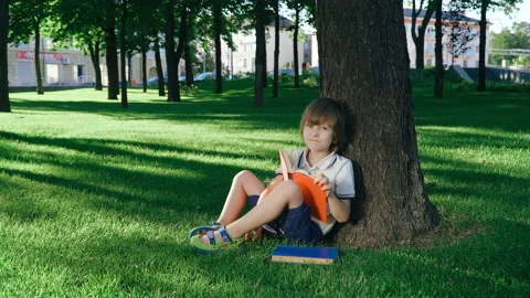 A boy is sitting under a big tree on the green grass and reading a book. Video stock 136639598