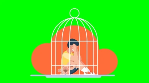 Boy is sitting under a cage for birds. Boy sits in cage. Child hugs teddy bear Stock Footage 283737675