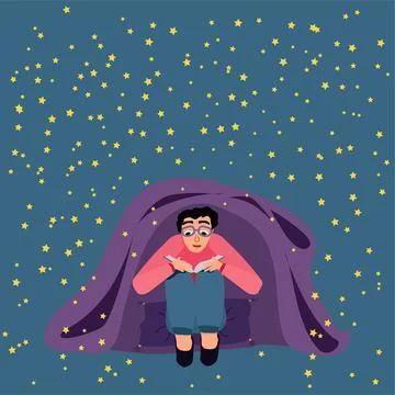 The boy is sitting under the covers and reading a book Illustrazione stock