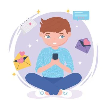 Boy sitting using smartphone chatting love, dating application Illustrazione stock