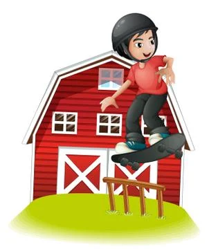 A boy skating in front of the red barnhouse Stock Illustration