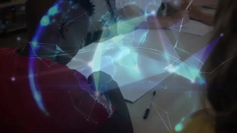Boy sketching notebook, pencil tap sparking data lines forming 3D globe over Stock Footage 330142726