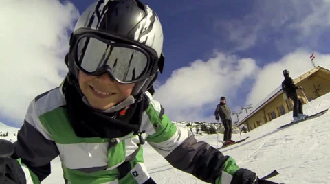 Boy skier smiling to camera Stock Footage 35074468