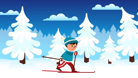 Boy Skiing in Snowy Winter Forest Cartoon Loop Animation 動画素材 320621529