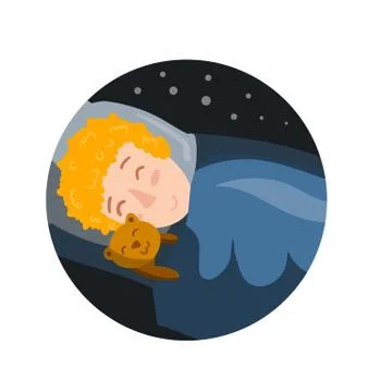 Boy sleep with Teddy bear in bed with blanket. Night rest of kid in bedroom. イラスト素材