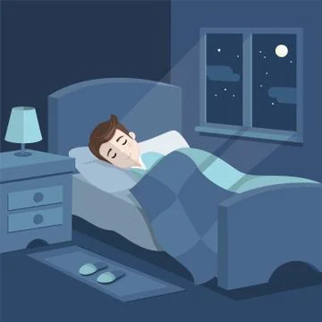 Boy sleeping in bed. Bedroom with a window at night. Sweet dreams. Vector ill Stock Illustration