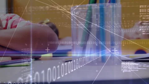 Boy sleeping camera panning revealing girl sleeping in classroom with binary Stock Footage 312712540