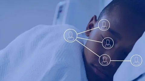 Boy sleeping in clinic bed with node overlay appearing morphing into profile Video stock 327524869